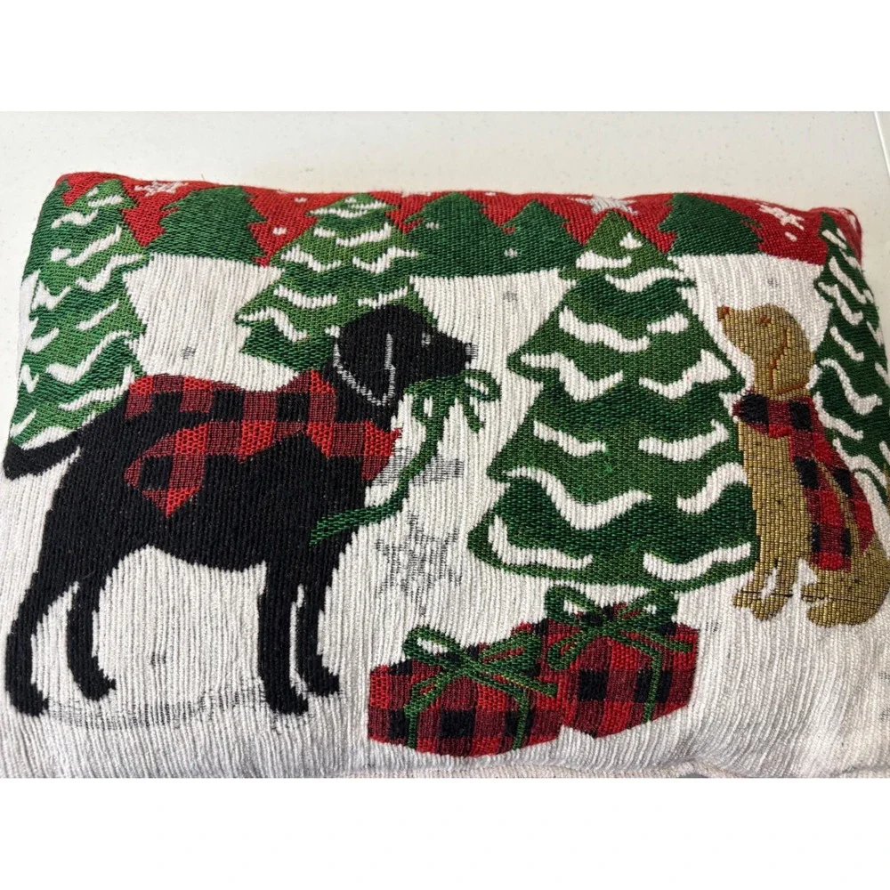 Tapestry Christmas Throw Pillow Black Lab Goldendoodle Buffalo Plaid Trees Gifts
